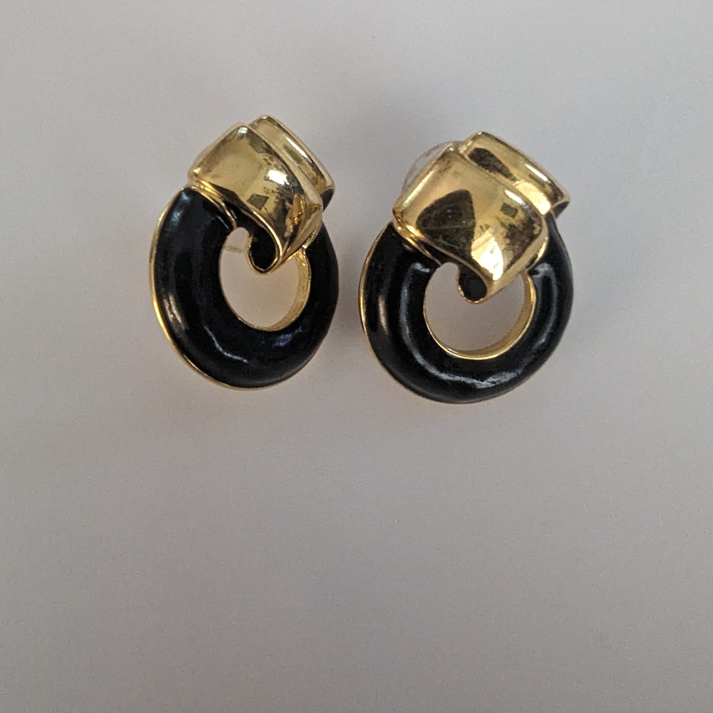 Elegant Black Enamel and Gold Earrings